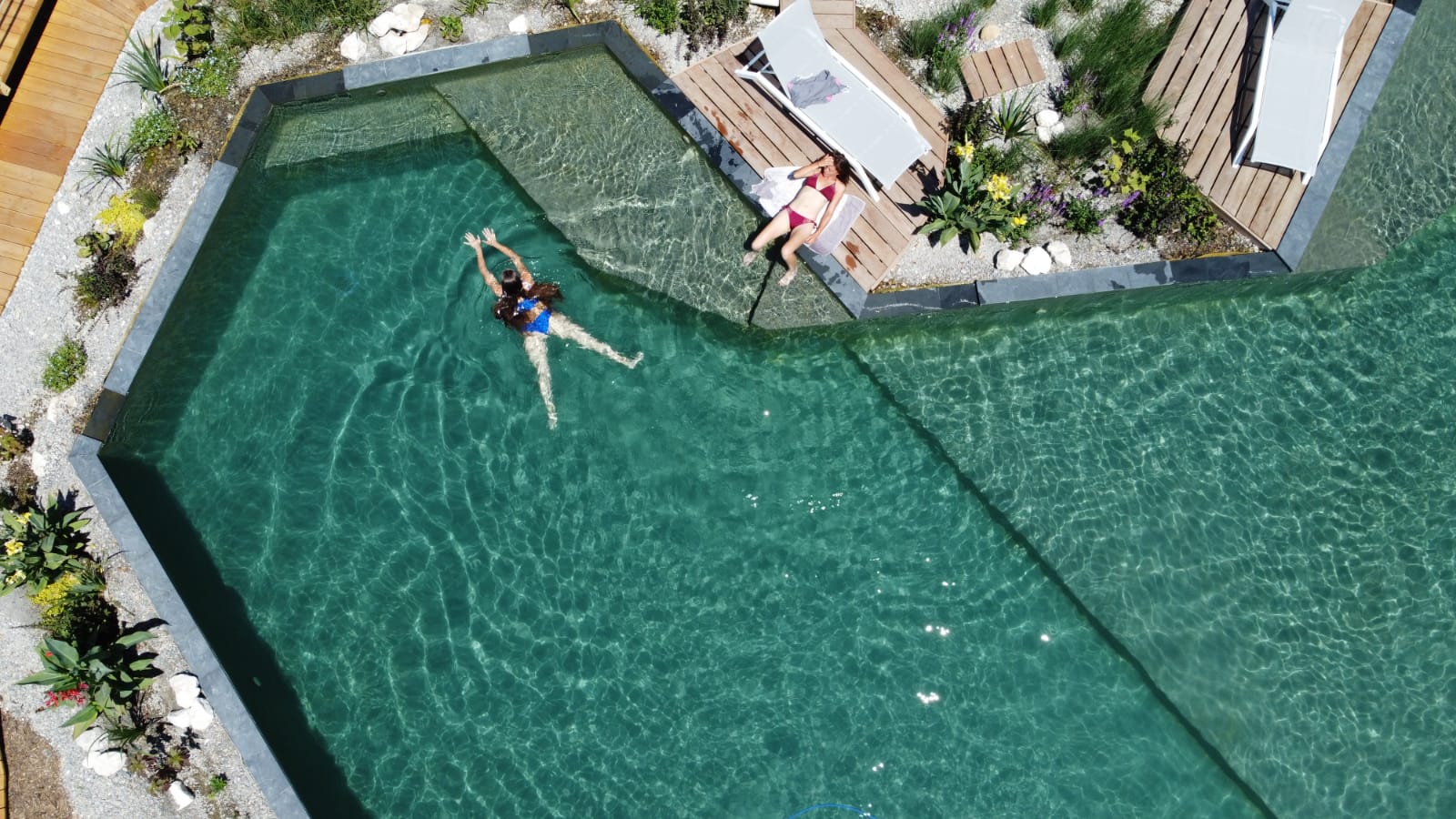 Baignade en piscine naturelle aux Lodges de Camargue